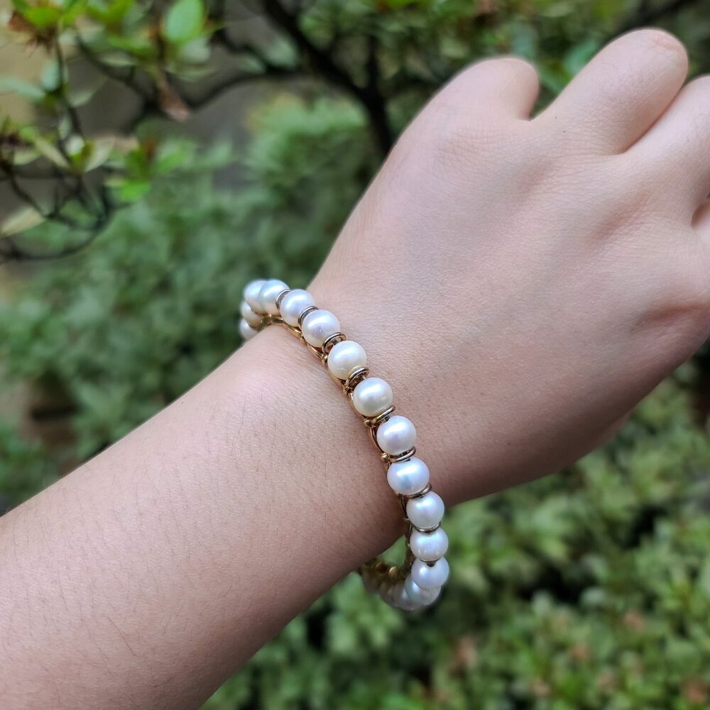 Real Pearl Gold-Plated Silver Cuff Bracelet w Handmade Soldered Design 2.5"